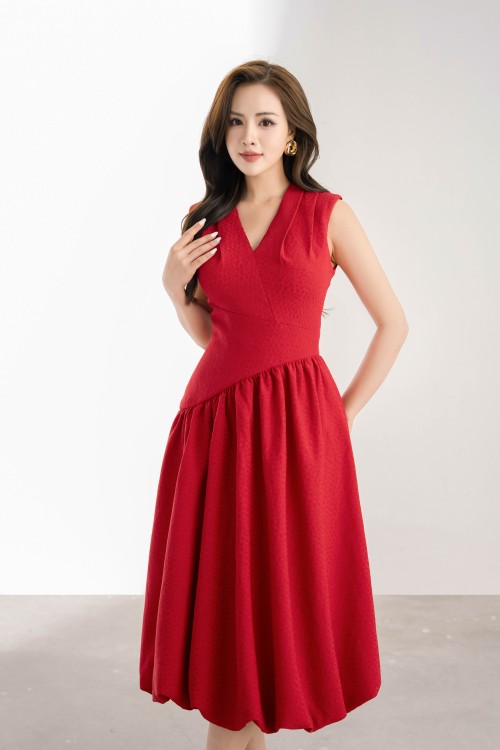 Sixdo Dark Red V-neck Midi Woven Dress